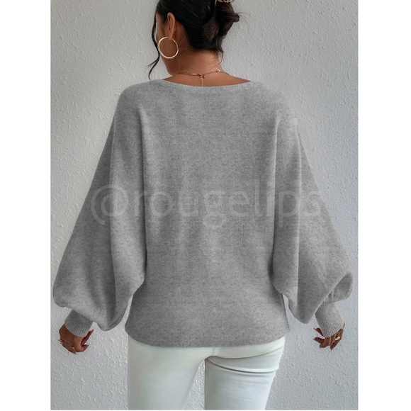 Knit Graphic Pullover Sweater Off White Grey Bishop Sleeve - Picture 5 of 10